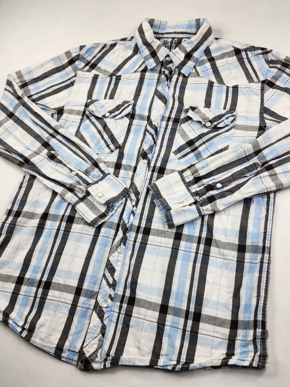 Reclaim Men's Large L Standard Fit Blue White Plaid Pearl Snap Western Shirt